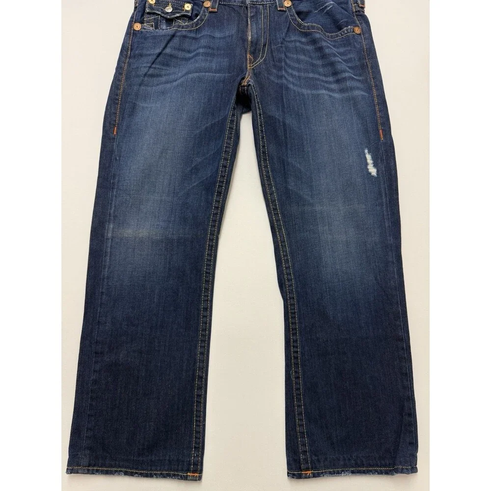 True Religion Ricky Jeans Mens 34x32 Blue Relaxed Straight Zip Fly Stretch Flap